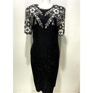VTG Stenay silk sequins dress beaded black formal wear festive night out women M